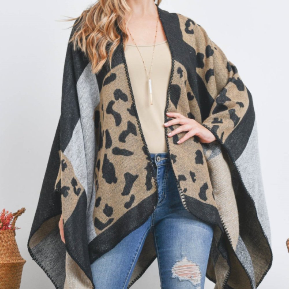 Women's Open Front Leopard Print Ruana Wrap Kimono